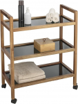 WENKO Mod. Fondi Rolling Shelf Made of Solid Acacia Wood with 3 Safety Glass Shelves in Black and 4 Practical Wheels Dimensions 65 x 76.5 x 31 cm