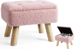 OGEMXU Pink Teddy Velvet Footstool with Wooden Legs