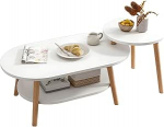 Moderner ovaler/runder Couchtisch mit 1 Ablage, stilvolles Holz f&uuml;r Wohnung, kleiner Raum, nat&uuml;rliches Finish mit Ablagefl&auml;chen