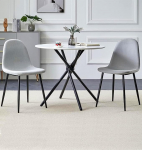 Hallowood Furniture Cullompton Small Table and Chairs Set 2 Round Table (90cm) with White Marble Effect Top and Grey Fabric Chairs with Black Legs Dining Sets for Home Cafe