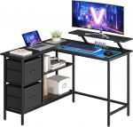 VASAGLE LWD097B56 L-kujuline t&ouml;&ouml;laud, 2 ruumilist sahtlit, arvutilaua koos monitori alusega, nurgalaud, m&auml;ngulaud reguleeritava riiuliga, 115 x 105 cm, eebenipuu must