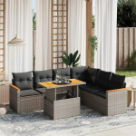 Set Schlafsofa, 7-teiliges Gartensofa-Set mit grauen Kissen aus Polyrattan, Set f&uuml;r Schlafsofa, Wohnzimmer, Sofa, Garten, modernes Sofaset f&uuml;r den Au&szlig;enbereich, M&ouml;bel