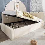 Diivanvoodi 90 x 200 cm, h&uuml;drauliline L-kujuline p&auml;evavoodi hoiuruumiga, p&auml;evavoodi, polsterdatud voodi, lastevoodi elutuppa, k&uuml;lalistetuppa (madrats ei kuulu komplekti), sametine beež