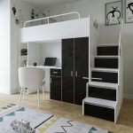 Marlux-Meble JSM-4 Bunk Bed 80 x 190 cm with Wardrobe Desk and Stairs High Gloss Children's Beds Functional Bed Bunk Bed Children's High Bed Youth High Bed (Black Gloss)