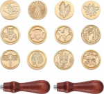 Beadthoven 12pcs Retro Flower Animal Wax Seal Stamps, Copper Heads and 2 Wooden Handles for Wedding Envelopes, Invitations, Bottle Decoration
