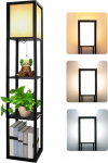 Wooden Floor Lamp with Shelf 3 Colour Temperatures 3000-5000 K, Wooden Shelf with E27 Socket, Corner Shelf Lighting Retro for Living Room Bedroom Office (Bulbs Included)