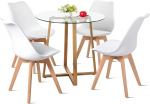 FUNITABLE Dining Table with 4 Chairs, Dining Set, 80 x 80 cm, Round Glass Kitchen Table, Dining Room Group Table Set for Bar Table, Living Room, Kitchen (Transparent Table + 4 White Chairs)