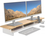 Monitori tugi Double Monitor Stand laua jaoks, puidust riiul laua jaoks koos hoiustamise korraldaja ja hoidjaga nutitelefoni ja tahvelarvuti jaoks (108 cm, valge ja naturaalne bambus)