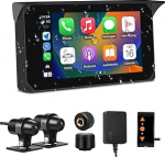 VSYSTO juhtmevaba Carplay ja Android auto mootorratta kaamera 5-tollise puuteekraaniga, rehvir&otilde;huandurid, WiFi veekindel 1080P &ouml;&ouml;vaatega esi- ja tagakaamera, Bluetooth, GPS