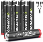 Delyeepow USB-C AAA patareid Liitium laetav 1,5 V 1200 mWh USB laetav AAA patareid koos 4-in-1 USB-C laadimiskaabliga, 1 tunni kiirlaadimine, 1500 ts&uuml;klit, 8 tk, pakend 8-st