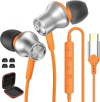 USB C juhtmega k&otilde;rvaklapid Samsung Galaxy S25 S24 Ultra S23 S22 A56 A16 A17, C-t&uuml;&uuml;pi k&otilde;rvaklapid mikrofoni ja helitugevuse regulaatoriga iPhone 17 Pro Max 16 15 Plus OnePlus Orange jaoks