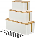 Kaabli korrastuskast, kaablihalduskast, 3 kaabli hoiukasti bambusest kaanega segaste kaablite varjamiseks, hoiustamiseks, organiseerimiseks, haldamiseks, laua, TV, arvuti jaoks