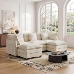 GRAVFORCE nurgadiivan magamisfunktsiooniga, 240 cm, U-kujuline, suur 3-kohaline 1 &otilde;&otilde;tsukaga, diivan, modulaarne suur diivan, &scaron;enillis diivan s&uuml;gava istmega elutuppa, korterisse, kontorisse (beež, 240 cm)