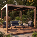 Pergola HWC-L46 Aiamaja Gazebo Slat Gazebo 10 cm Alumiiniumraam Vihmaveekraan tormikindel 3 x 4 m Puiduefektiga