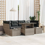 Modernes Outdoor Diivan Set 7-teilig mit Kissen in Grau und Creme aus Poly Rattan inklusive h&ouml;henverstellbarem Tisch 100x55 cm und Stauraum