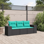 3-teiliges Gartensofa-Set mit abnehmbaren Kissen aus schwarzem Polyrattan, modulares PE Rattan Sofa Set f&uuml;r Terrasse und Garten