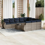 10-teiliges Gartensofa Set f&uuml;r Terrasse mit Polsterkissen in grauem PE Rattan - Gartensofa Set Polyrattan grau als Gartenm&ouml;bel