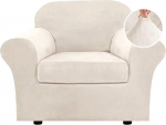 LINGKY Sametist kaitsekate koos 2 eraldi padjakattega, Stretch Ultra Soft Plush Kaitsekate Asendav libisemisvastane m&ouml;&ouml;bli kaitse koos elastse alusega (elevandiluu, 1 iste (80-120 cm))