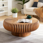 Couchtisch rund, Modernes Geriffeltes Trommel-Couchtisch, Wohnzimmertisch aus Holz, runder Kaffeetisch Sofatisch f&uuml;r Wohnzimmer, Zimmer und Balkon, einfache Montage (Braun 80cm)