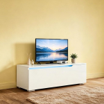 Moodne TV Lowboard 100 cm RGB LED valgustusega, seinakinnitus ja alus, Dampper uksed, LED hingedega valgustus, TV kapp elutuppa, valge k&otilde;rgl&auml;ikega