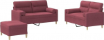 3-teilige Couchgarnitur weinrot mit Hocker und Rollkissen, strapazierf&auml;higer Stoff, dick gepolstertes Sitzsofa mit Armlehnen und R&uuml;ckenkissen, stabiles Sperrholz-Metall-Gestell,