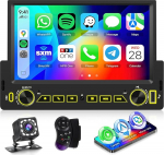 Hodozzy Autoradio 1 DIN traadita CarPlay Android autoga, raadio 1 DIN 7-tollise puuteekraaniga Bluetooth k&auml;ed-vabad s&uuml;steemiga, Mirror Link, FM digitaalne meediavastaja EQ Type-C/USB/AUX tagurduskaameraga