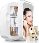 FOHERE 5L Mini Fridge with LED Light Mirror, 220 V AC, Drinks Fridge, Small Skincare Fridge Cooling/Heating Function for Sleep & Living Room, Office Desk, White