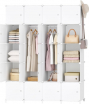 HOOBRO EWT45LY01N1 Wardrobe Modular Plastic Cupboard with 20 Cubes Shelving System with Doors and Clothes Rail 2 Rows of Hooks 145 x 46.5 x 183 cm White