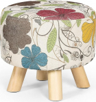 Asense Round Ottoman Footrest Stool Linen Fabric Padded Seat Pouf Ottoman with Non-Slip Wooden Legs (Flowers)