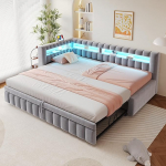 Polsterdatud voodi, pikendatav diivanvoodi, 90 x 200 cm, LED-valgustusega, avar pea- ja seljatugi, klassikaline triibumuster, USB-laadimisport, pikendatav voodi, sametkangas (helehall)