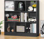 YAHARBO Must lai raamaturiiul 3-tasandiline kaasaegne horisontaalne raamaturiiul puidust madal raamaturiiul vitriin koos alusega p&otilde;randal seisev 8 kuubi suur raamaturiiulide korraldaja jaoks