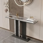 Moodne konsoollaud, diivanilaud loomingulise alusega, ristk&uuml;likukujuline sissep&auml;&auml;sulaud kiltkivi plaadiga, laius 30 cm kohvilaudade taga (must 3,80 x 30 x 80 cm)