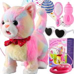 V&auml;rviline rihma komplekt jalutuskasside jaoks Laulmine Purrs Meow Tongue Stick Out Animated Plush Robot Kitten Pet Liikuv pluus m&auml;nguasi Realistlik t&auml;ispuhutud loom Obotic Kitty
