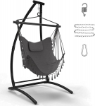 C Type Hanging Chair with Frame, Black Hammock Frame and Grey Hanging Swing, Fabric Swing with Comfortable Cushion, Hanging Chair Outdoor, Hammock Stand for Balcony, Patio, Holds up to 150 kg