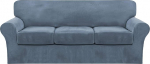 Pack of 4 Sofa Covers, Velvet Couch Covers for 3 Cushions, Couch, Stretch Sofa Protective Cover with Individual Seat Cushion Covers, Elastic Furniture Protector for Pets, Machine Washable (Sofa, Stone Blue)