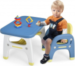 FANTASK laste laud koos tooliga, sinine laste istumiskomplekt dinosauruse disainiga, maalimislaud k&auml;sit&ouml;&ouml;laud lastele koos ehitusplokkide ja riiuliga, laste laua-tooli komplekt lastele &uuml;le 3 aasta vanustele lastele