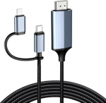 2-in-1 Lightning & Type C HDMI-kaabel [2M], HDMI-kaabel iPhone 16/15/14/13/12/11, iPad Pro/Air/Mini, 1080P HD, YouTube'ile &uuml;hilduv (&uuml;hildub teleriga/projektoriga)