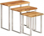 vidaXL Set of 3 Coffee Table with Tree Edge Steel Legs, Side Table, Sofa Table, Living Room, Coffee Table, Living Room Table, Solid Acacia Wood