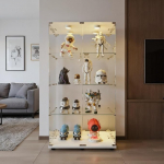 YNYHTER Glass Display Cabinet LED 164 x 80 x 36.5 cm Glass Display Cabinet 4 Shelves Clear Large Mirrored Collection Display Case (2 Doors, 4 Layers, Mirror + Lights, White)