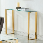 Konsolentische aus Glas f&uuml;r den Flur, schmal, hinter dem Sofa, Tischregal, Eingangsbereich, Marmor, moderner Couchtisch mit Platte aus geh&auml;rtetem Glas und eleganten Beinen aus goldfarbenem M