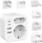 Maailma reisiadapteri komplekt, JSVER rahvusvaheline pistikupesa adapter 2 sektsiooni USB C-ga, 6 eemaldatavat reisipistikut koos l&uuml;litiga, reisiadapter kogu maailmas JAP/UK/USA/EU/AUS/L&otilde;una-Aafrika jaoks (valge)