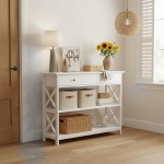 Kitsas konsoollaud sahtlite ja 2 riiuliga, X-kujuline, puidust diivanilaud elutuppa, esikusse, esikusse, 100 x 30 x 80 cm, valge