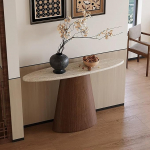 Konsole Eingangsbereich Travertin-Optik - Schmaler Konsolentisch Stein-Platte & Massivholz-Beine - Moderner Landhausstil Sofa-Tisch f&uuml;r Flur & Wohnzimmer