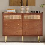 BTM Chest of Drawers with 6 Drawers, Rattan Sideboard Highboard for Bedroom and All Living Spaces, Walnut H 90 x W 120 x D 40 cm