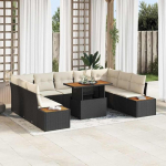 Poly Rattan Gartentischset 10 St&uuml;ck Outdoor Sitzgruppe mit Kissen Gartenm&ouml;bel Set 10 pcs Schwarz Beige Essgruppe f&uuml;r Terrasse 10-teilig
