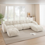 U-f&ouml;rmiges Modulsofa, Rahmenloses Sofa, 4-Sitzer-Kombineeritud diivan, Inklusive 2 Hockern, geeignet f&uuml;r das Wohnzimmer, bequemer Stoff, rutschfestes Design, Keine Montage erforderlich, Wei&szlig;