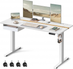 VASAGLE LSD114W01 Pistikupesa ja sahtliga reguleeritava k&otilde;rgusega elektriline t&ouml;&ouml;laud, 60 x 140 cm lauapind, sujuvalt reguleeritav, m&auml;lufunktsioon 4 k&otilde;rgusega, valge