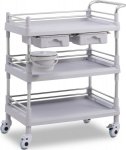 Medical laboratory trolley with 3 shelves, 2 drawers, basket