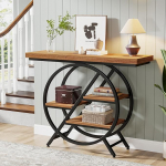 Tribesigns konsoollaud, 100 cm sissep&auml;&auml;sulaua paksendatud lauaplaadiga, t&ouml;&ouml;stuslik 4-tasandiline geomeetrilise metallraamiga diivanilaud elutuppa, sissep&auml;&auml;suks, fuajeesse (helepruun)