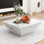 OKMYHOME trapetsikujuline kohvilaud 2 sahtliga Moodne disain Marmori efektiga elutoa hoium&ouml;&ouml;bel MDF - valge - 70 &times; 70 &times; 37 cm
